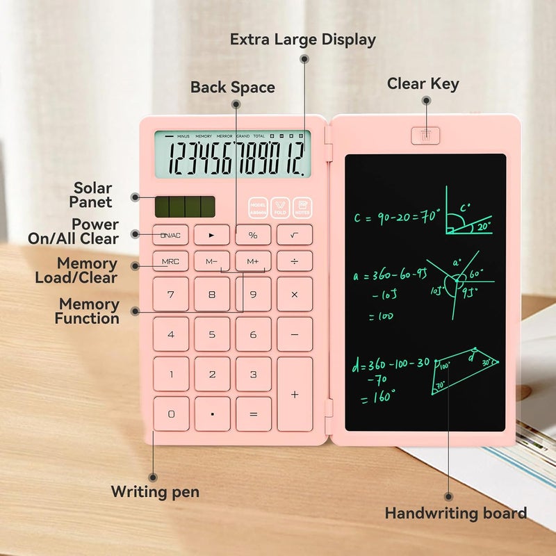 ROATEE Desk Calculators with Erasable LCD Notepad Basic Calculators Pink Cute School Supplies for Girls Middle School Stuff Cute Pocket Office Supplies Home Essential Solar & Battery Energy Big Button - Image 3